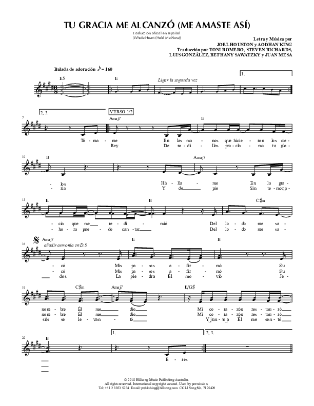 Tu Gracia Me Alcanzo (Me Amaste Asi) (Whole Heart (Hold Me Now)) Lead Sheet (Hillsong en Espanol)