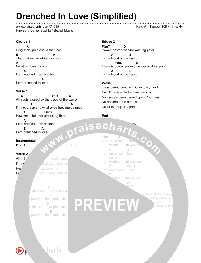 Drenched In Love (Simplified) Chord Chart (Bethel Music / Daniel Bashta / Harvest)
