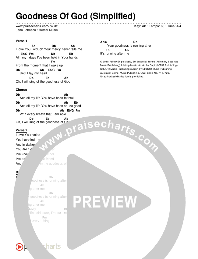 Goodness Of God (Simplified) Chord Chart (Bethel Music / Jenn Johnson)