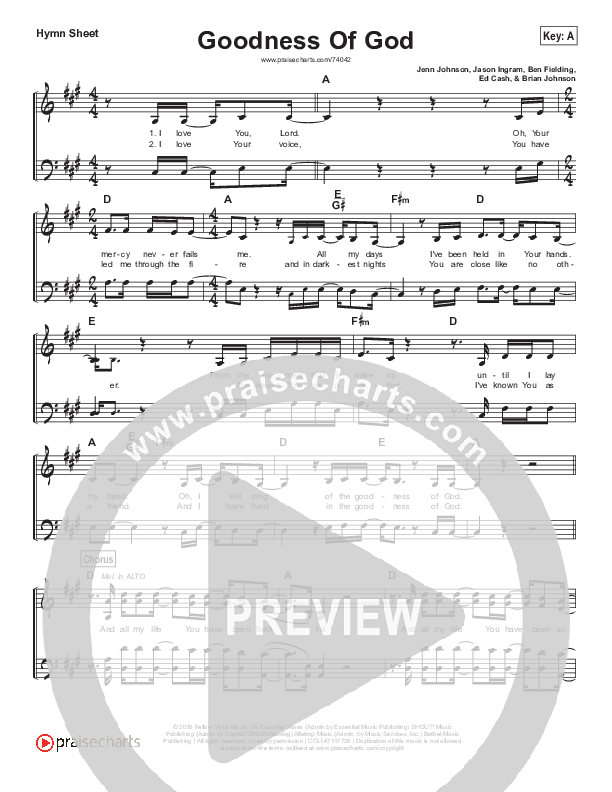 Goodness Of God (Simplified) Hymn Sheet (Bethel Music / Jenn Johnson)