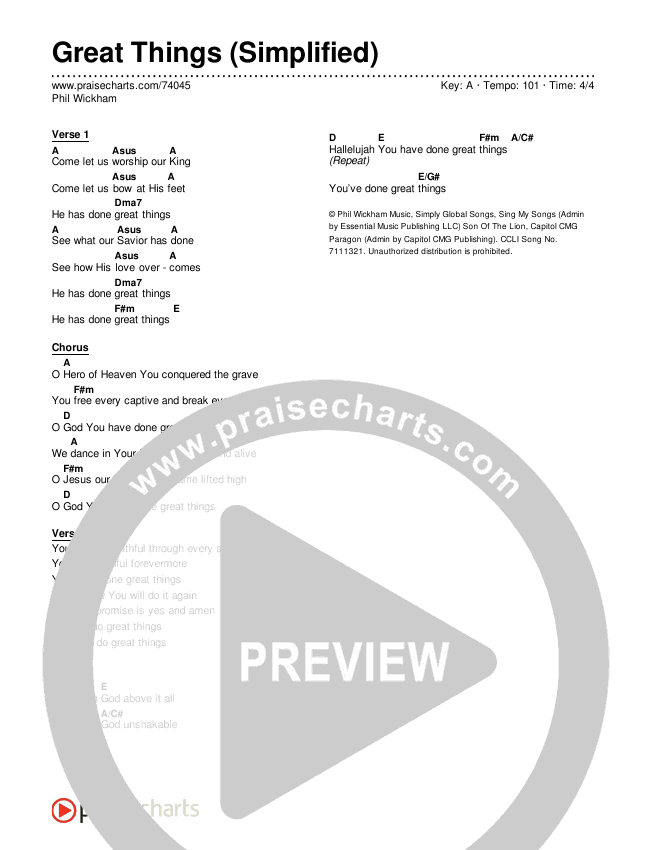 Great Things (Simplified) Chord Chart (Phil Wickham)