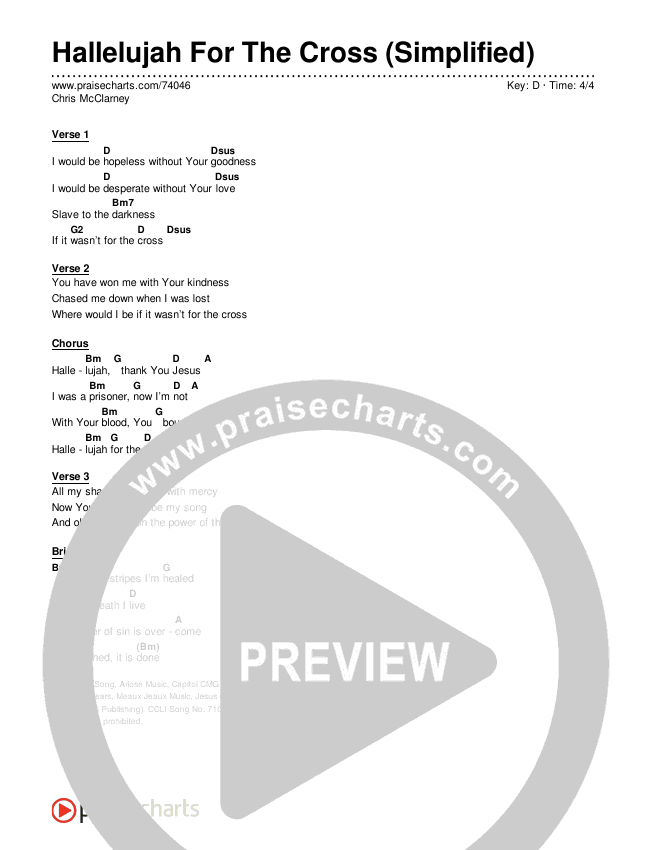 Hallelujah For The Cross (Simplified) Chord Chart (Chris McClarney)
