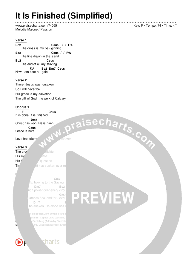 It Is Finished (Simplified) Chord Chart (Passion / Melodie Malone)