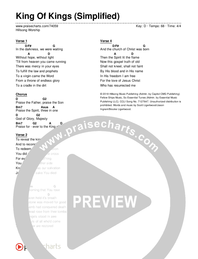 King Of Kings (Simplified) Chord Chart (Hillsong Worship)