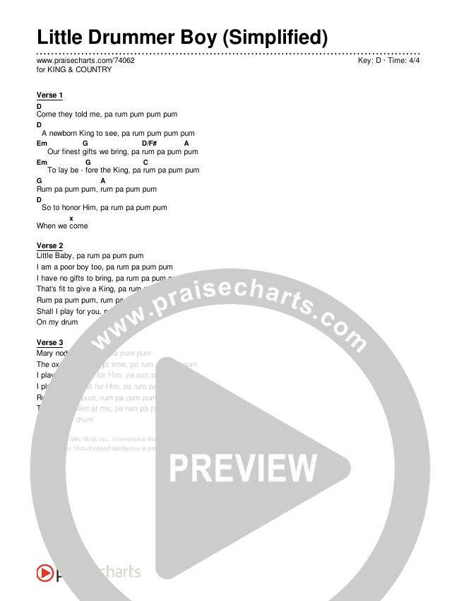 Little Drummer Boy (Simplified) Chord Chart (for KING & COUNTRY)