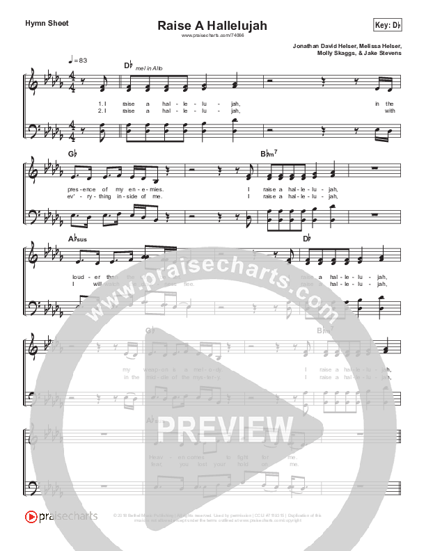 Raise A Hallelujah (Simplified) Hymn Sheet (Bethel Music / Melissa Helser / Jonathan David Helser)