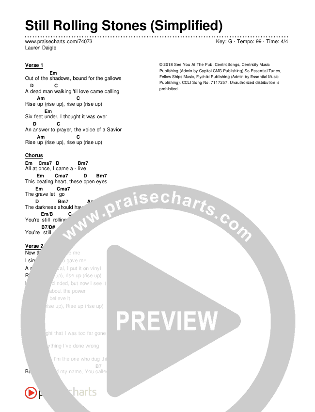Still Rolling Stones (Simplified) Chord Chart (Lauren Daigle)