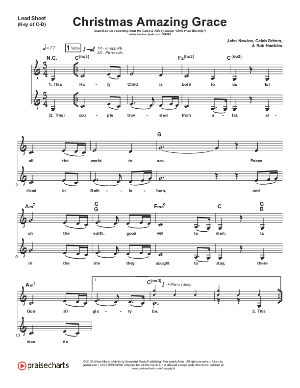 Christmas Amazing Grace Lead Sheet (Melody) (Caleb & Kelsey)