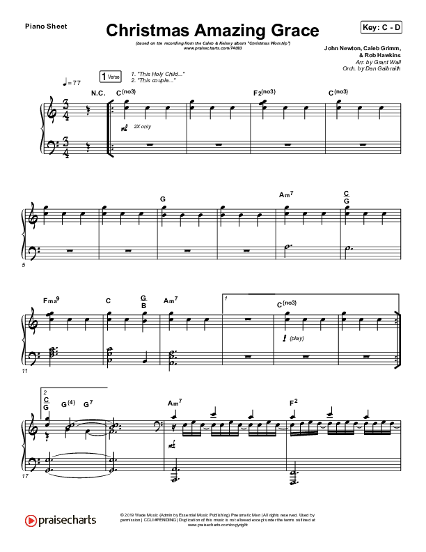Christmas Amazing Grace Piano Sheet (Caleb & Kelsey)