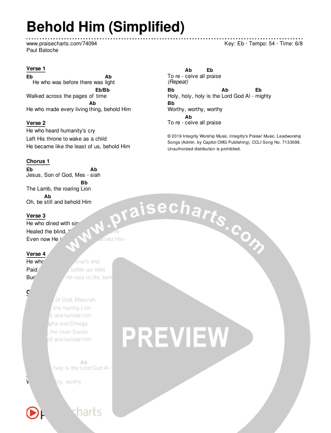 Behold Him (Simplified) Chords PDF (Paul Baloche) - PraiseCharts