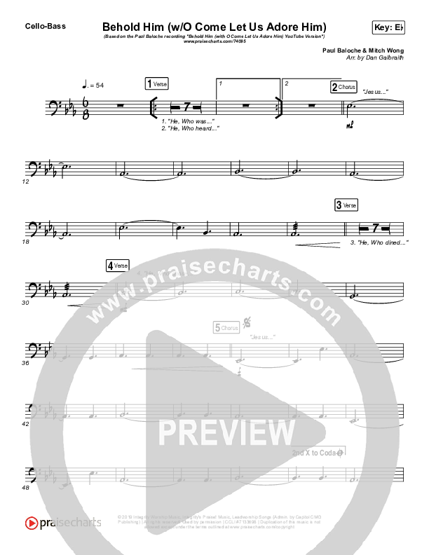 Behold Him (with O Come Let Us Adore Him) Cello/Bass (Paul Baloche)