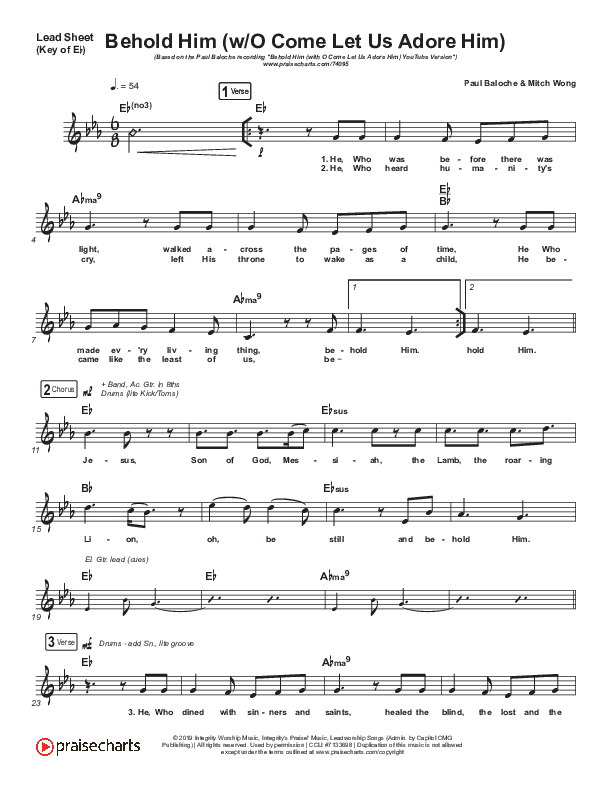 Behold Him (with O Come Let Us Adore Him) Lead Sheet (Melody) (Paul Baloche)