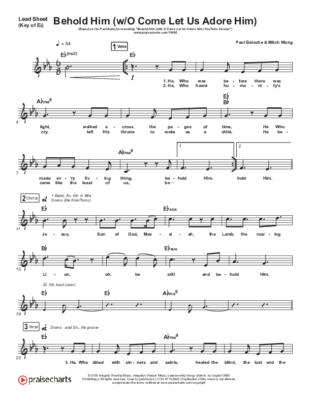 Behold Him (with O Come Let Us Adore Him) Lead Sheet (Melody) (Paul Baloche)