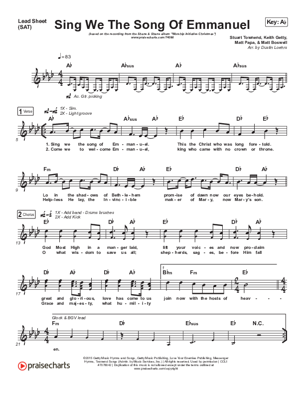 Sing We The Song Of Emmanuel Lead Sheet (SAT) (Shane & Shane/The Worship Initiative)