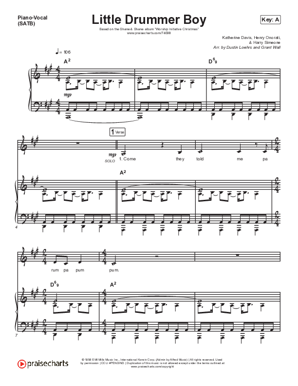 Little Drummer Boy Piano/Vocal (SATB) (Shane & Shane/The Worship Initiative)