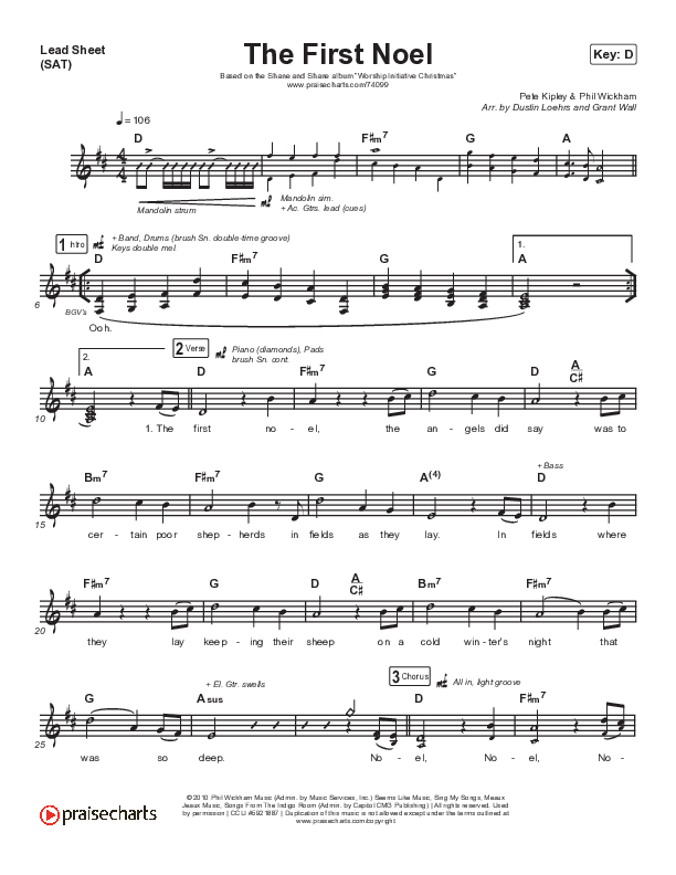 The First Noel Lead Sheet (SAT) (Shane & Shane/The Worship Initiative)