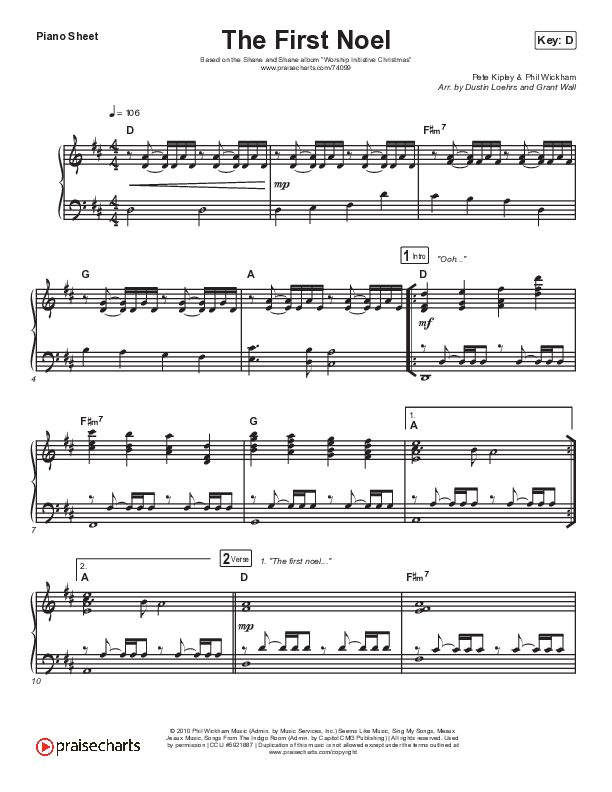 The First Noel Piano Sheet (Shane & Shane/The Worship Initiative)