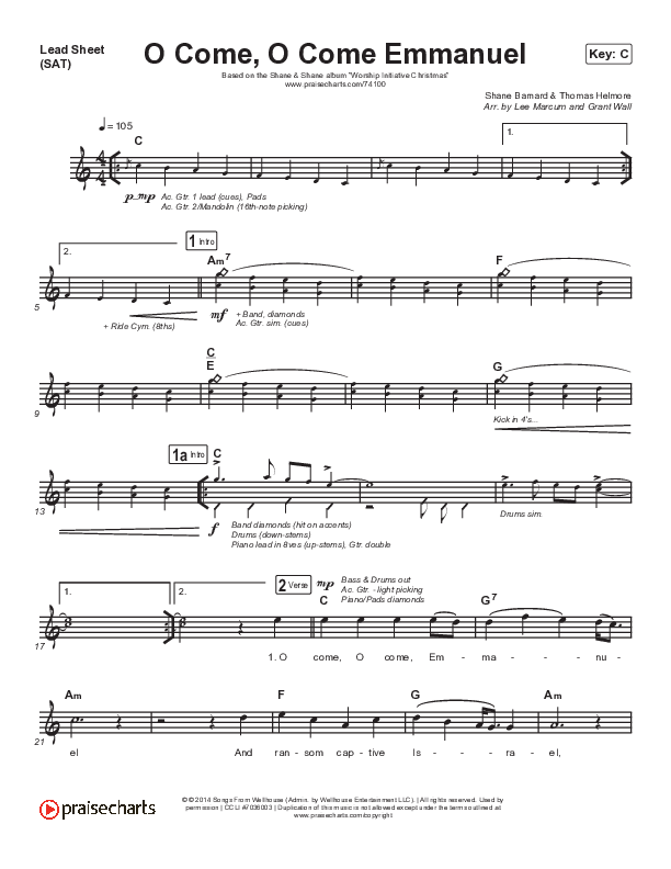 O Come O Come Emmanuel Lead Sheet (SAT) (Shane & Shane/The Worship Initiative)