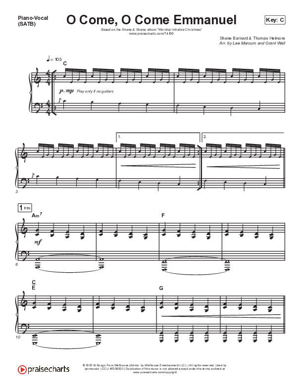 O Come O Come Emmanuel Piano/Vocal & Lead (Shane & Shane/The Worship Initiative)