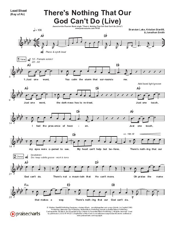 There's Nothing That Our God Can't Do (Live) Lead Sheet (Melody) (Passion / Kristian Stanfill)