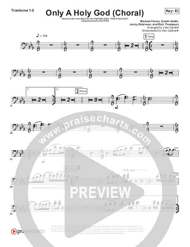 Only A Holy God (Choral Anthem SATB) Trombone 1/2 (CityAlight / Arr. Luke Gambill)