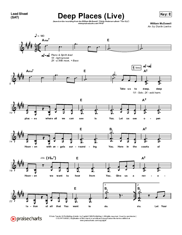 Deep Places (Live) Lead Sheet (SAT) (William McDowell / Trinity Anderson)