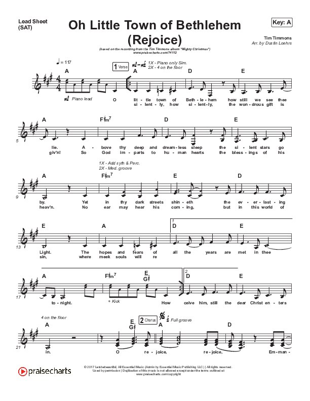 Oh Little Town of Bethlehem (Rejoice) Lead Sheet (SAT) (Tim Timmons)