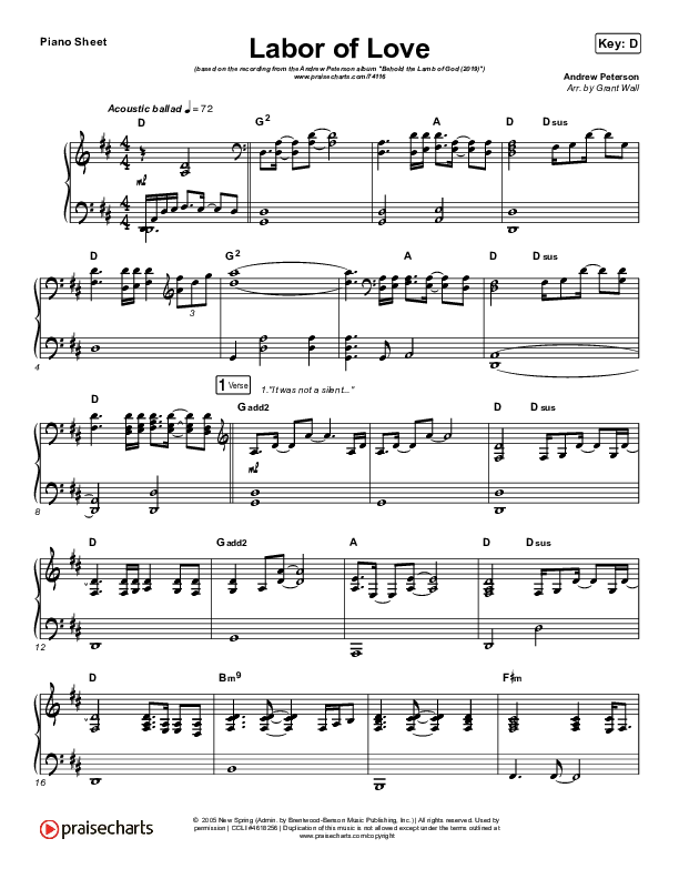 Labor Of Love Piano Sheet (Andrew Peterson)