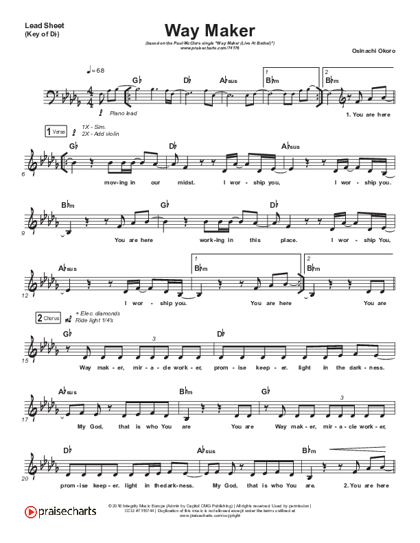 Way Maker (Live At Bethel) Lead Sheet (Melody) (Paul McClure / Hannah McClure / The McClures)
