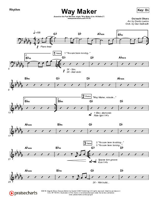 Way Maker (Live At Bethel) Rhythm Chart (Paul McClure / Hannah McClure / The McClures)