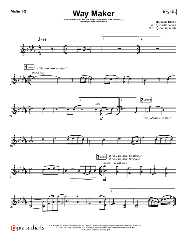 Way Maker (Live At Bethel) Violin 1/2 (Paul McClure / Hannah McClure / The McClures)