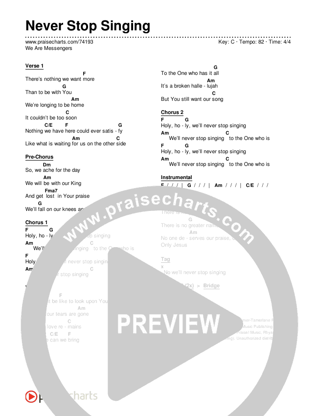 Never Stop Singing Chords & Lyrics (We Are Messengers)