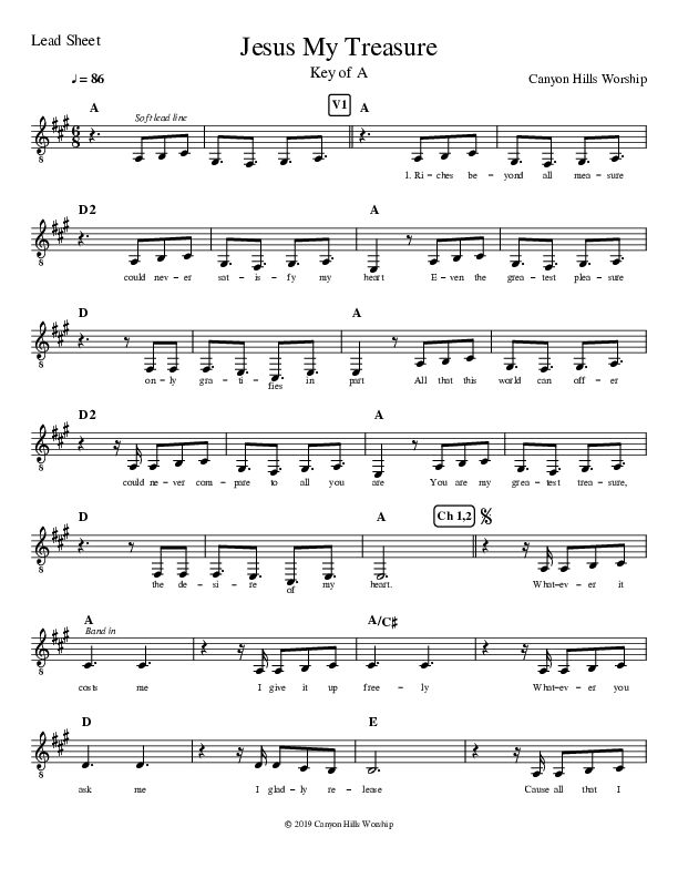 Jesus My Treasure Lead Sheet (Canyon Hills Worship)