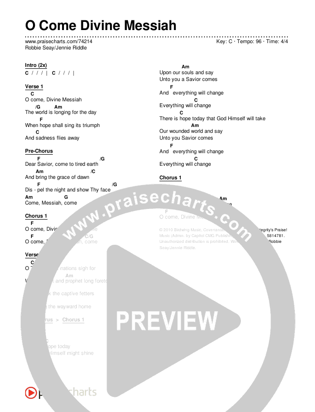 O Come Divine Messiah Chords PDF (Robbie Seay / Jennie Riddle) PraiseCharts