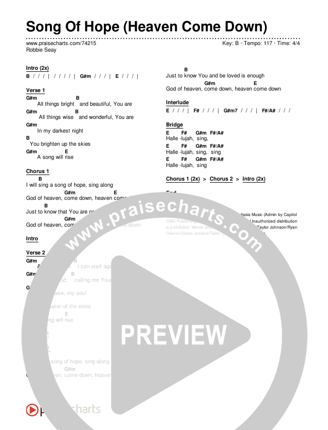 Song Of Hope (Heaven Come Down) Chords & Lyrics (Robbie Seay)