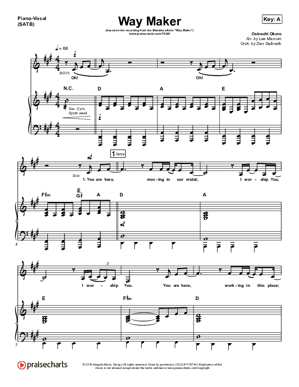 Way Maker Piano/Vocal (SATB) (Mandisa)