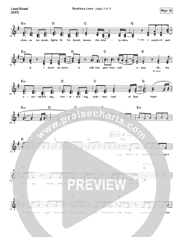 Reckless Love Lead Sheet (SAT) (Cory Asbury / Tori Kelly)