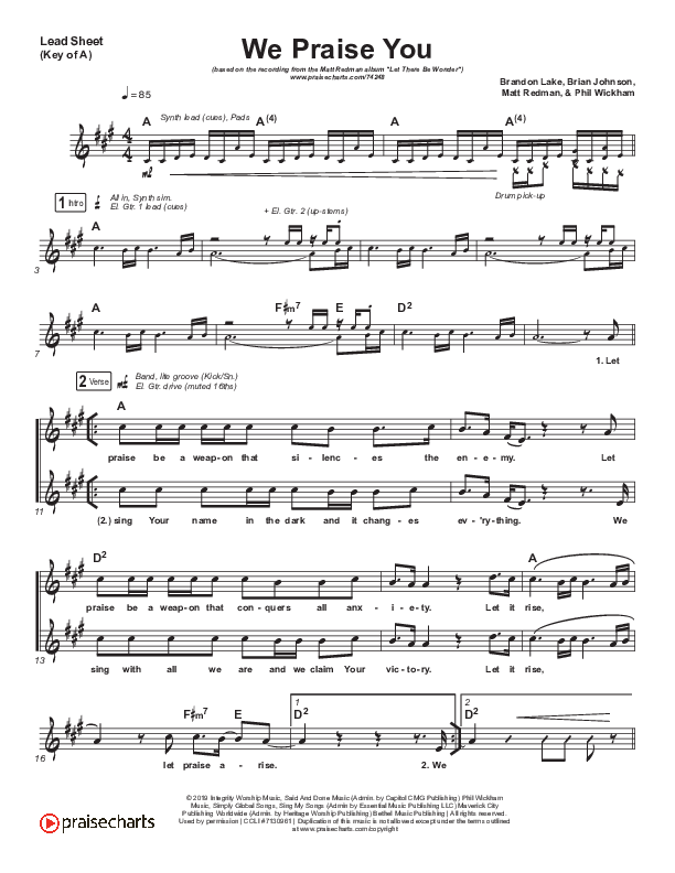 We Praise You (Live) Lead Sheet (Melody) (Matt Redman / Brandon Lake)