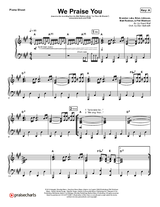 We Praise You (Live) Piano Sheet (Matt Redman / Brandon Lake)