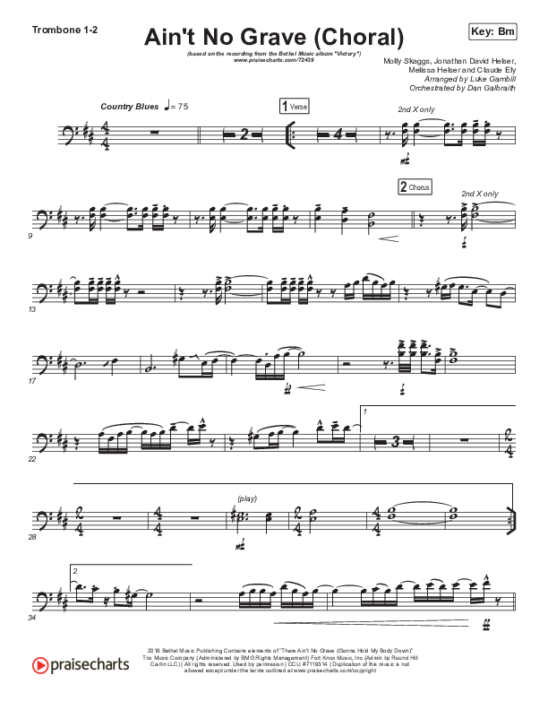 Ain't No Grave (Choral Anthem SATB) Trombone 1/2 (Bethel Music / Molly Skaggs / Arr. Luke Gambill)