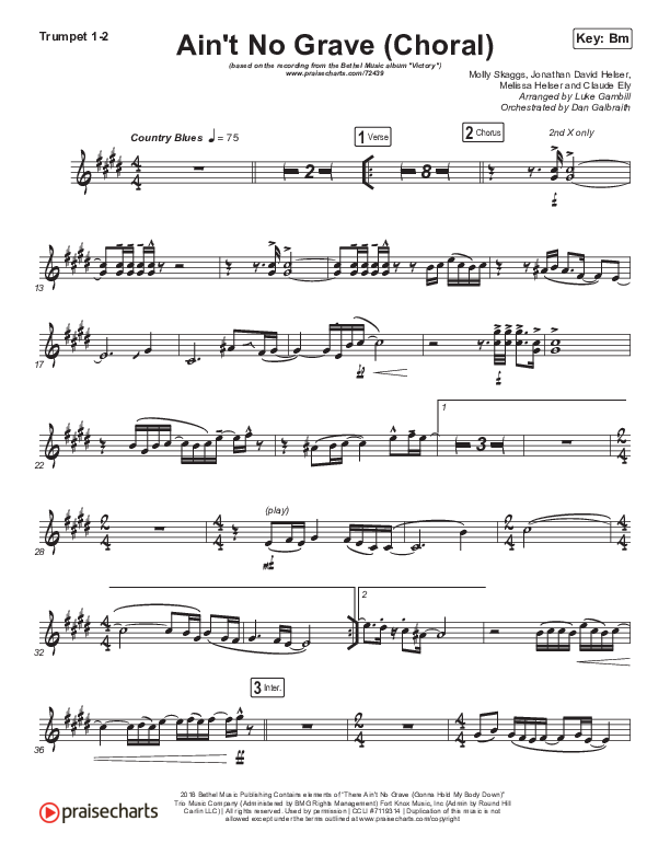 Ain't No Grave (Choral Anthem SATB) Trumpet 1,2 (Bethel Music / Molly Skaggs / Arr. Luke Gambill)