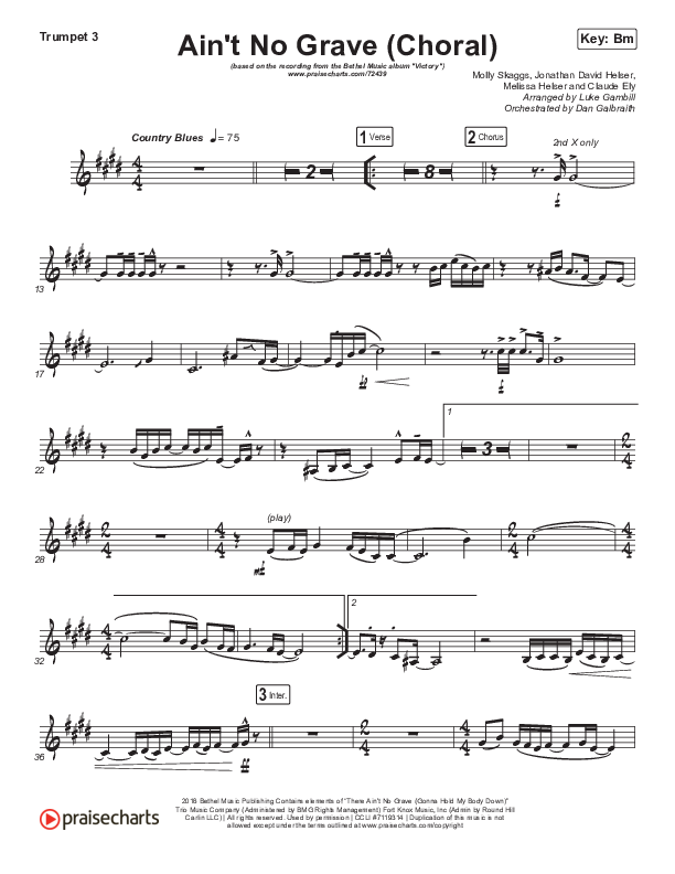 Ain't No Grave (Choral Anthem SATB) Trumpet 3 (Bethel Music / Molly Skaggs / Arr. Luke Gambill)