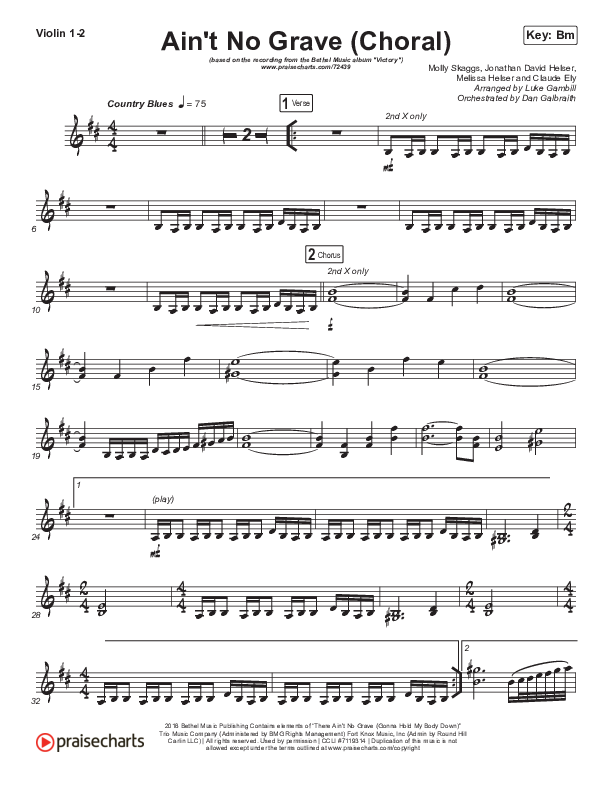 Ain't No Grave (Choral Anthem SATB) Violin 1/2 (Bethel Music / Molly Skaggs / Arr. Luke Gambill)