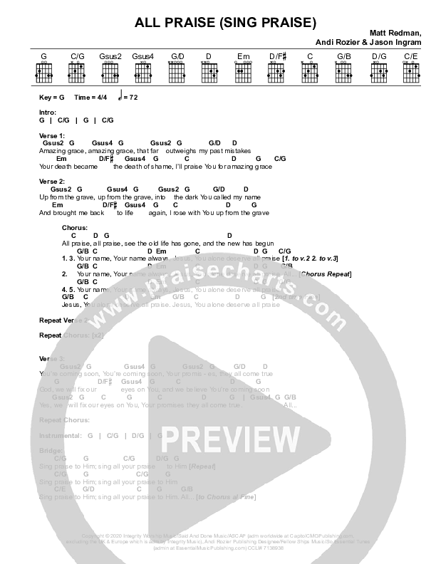 All Praise (Sing Praise) (Live) Chord Chart (Matt Redman)