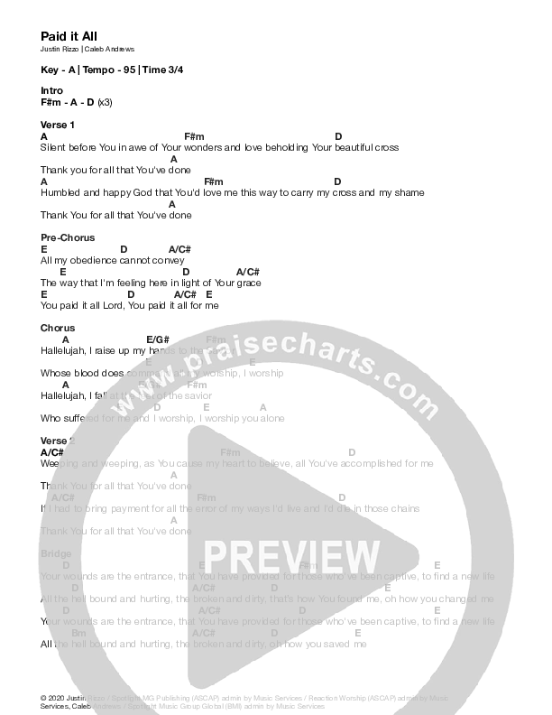 Paid It All Chords PDF (Justin Rizzo) PraiseCharts