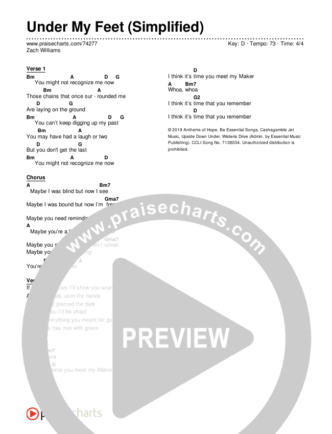 Under My Feet (Simplified) Chord Chart (Zach Williams)