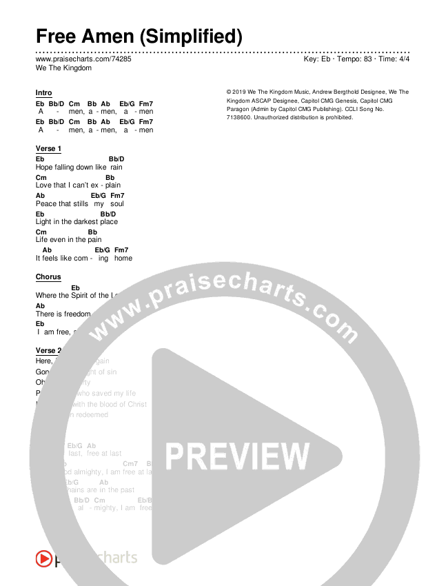 Free Amen (Simplified) Chord Chart (We The Kingdom)