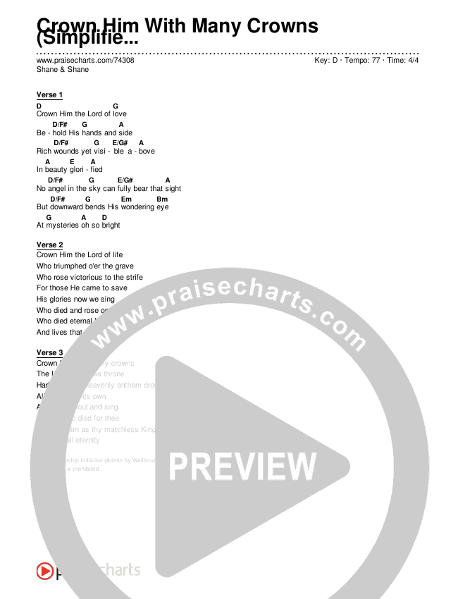 Crown Him With Many Crowns (Simplified) Chord Chart (Shane & Shane)