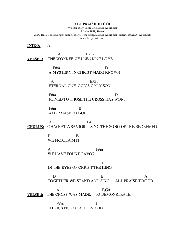 All Praise To God Chords & Lyrics (Billy Foote / Cindy Foote)