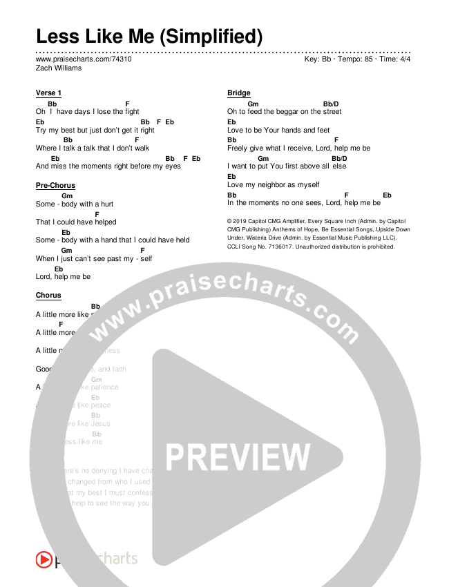 Less Like Me (Simplified) Chord Chart (Zach Williams)